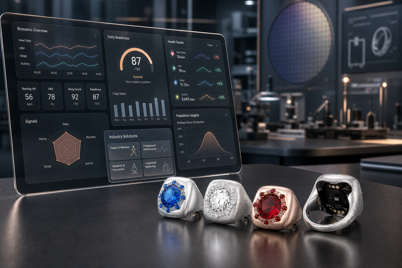 Data dashboard with WUJI smart rings in an R&D solutions lab