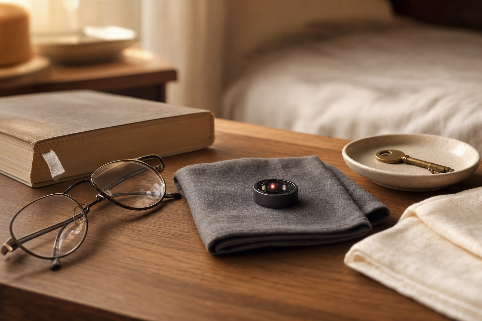 Bedside still life: a DR H smart ring resting on a folded slate-grey linen cloth beside a worn book, reading glasses and a small ceramic dish with a brass key — daily essentials, calm and intentional