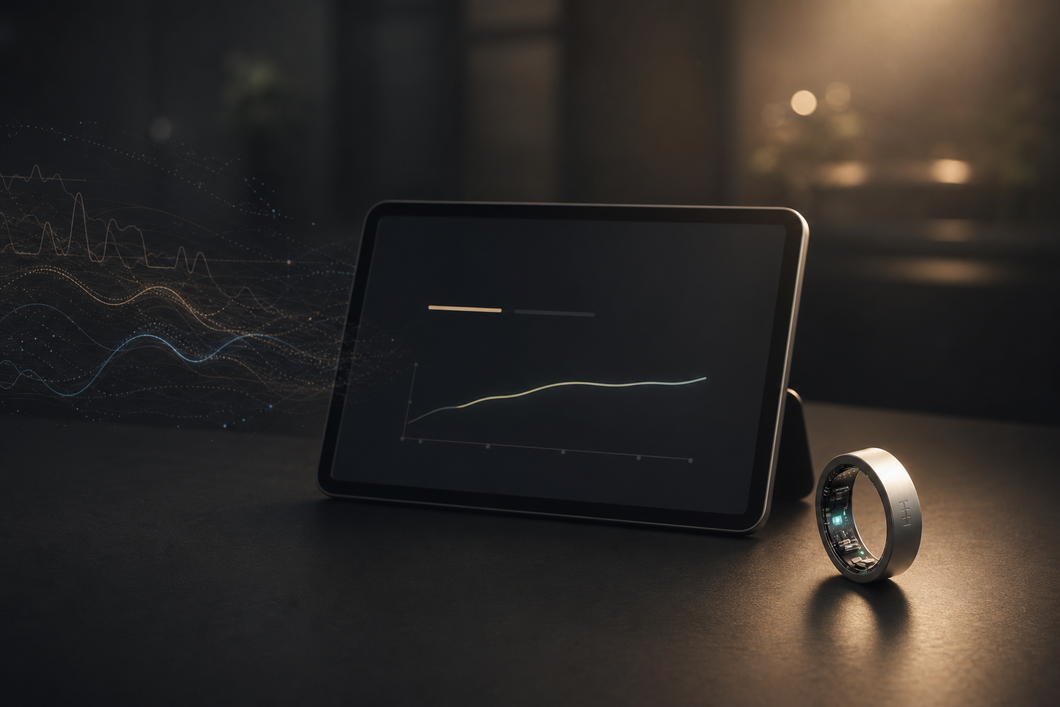 A DR H smart ring on a desk beside a tablet showing a single clean trend line, with raw biosignal waveforms dissolving into the dark background — AI distilling raw data into one calm, actionable insight
